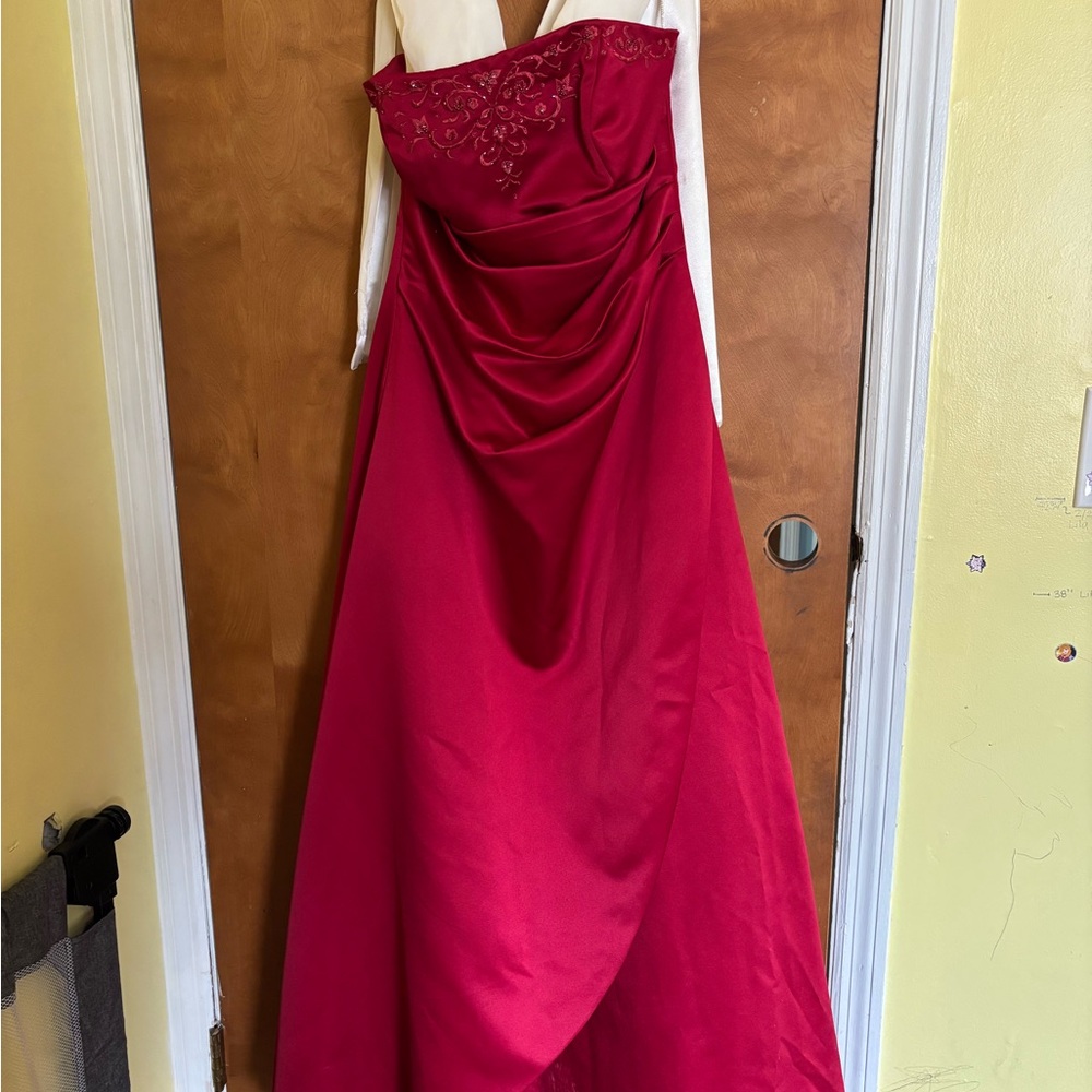 David's Bridal Strapless Embroidered Satin Gown in Ruby